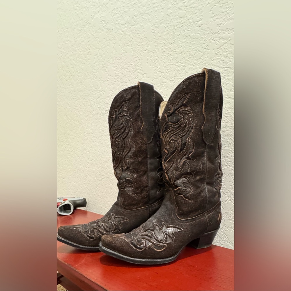 Dark brown, snip toe Corral boots. Size 8 1/2